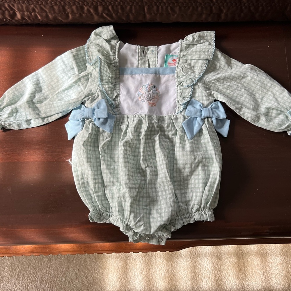 Thanksgiving Green and Blue Baby Romper with Turkey on it
